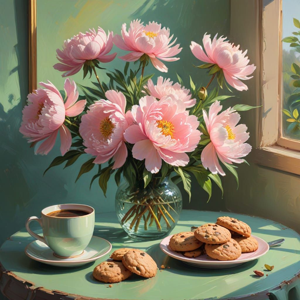 Pink Peonies, Coffee, and Cookies in Gouache Style