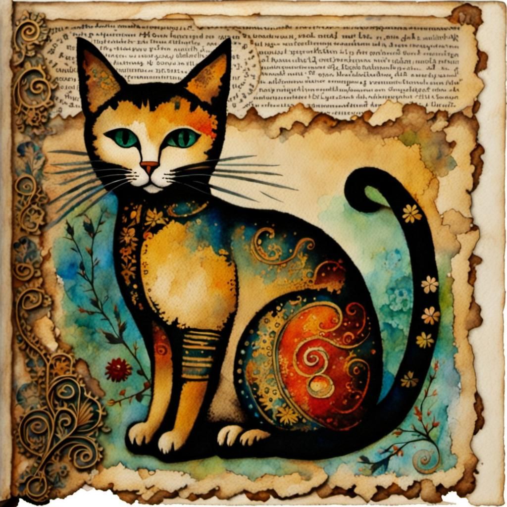 Watercolor Cat Figure on Antique Paper