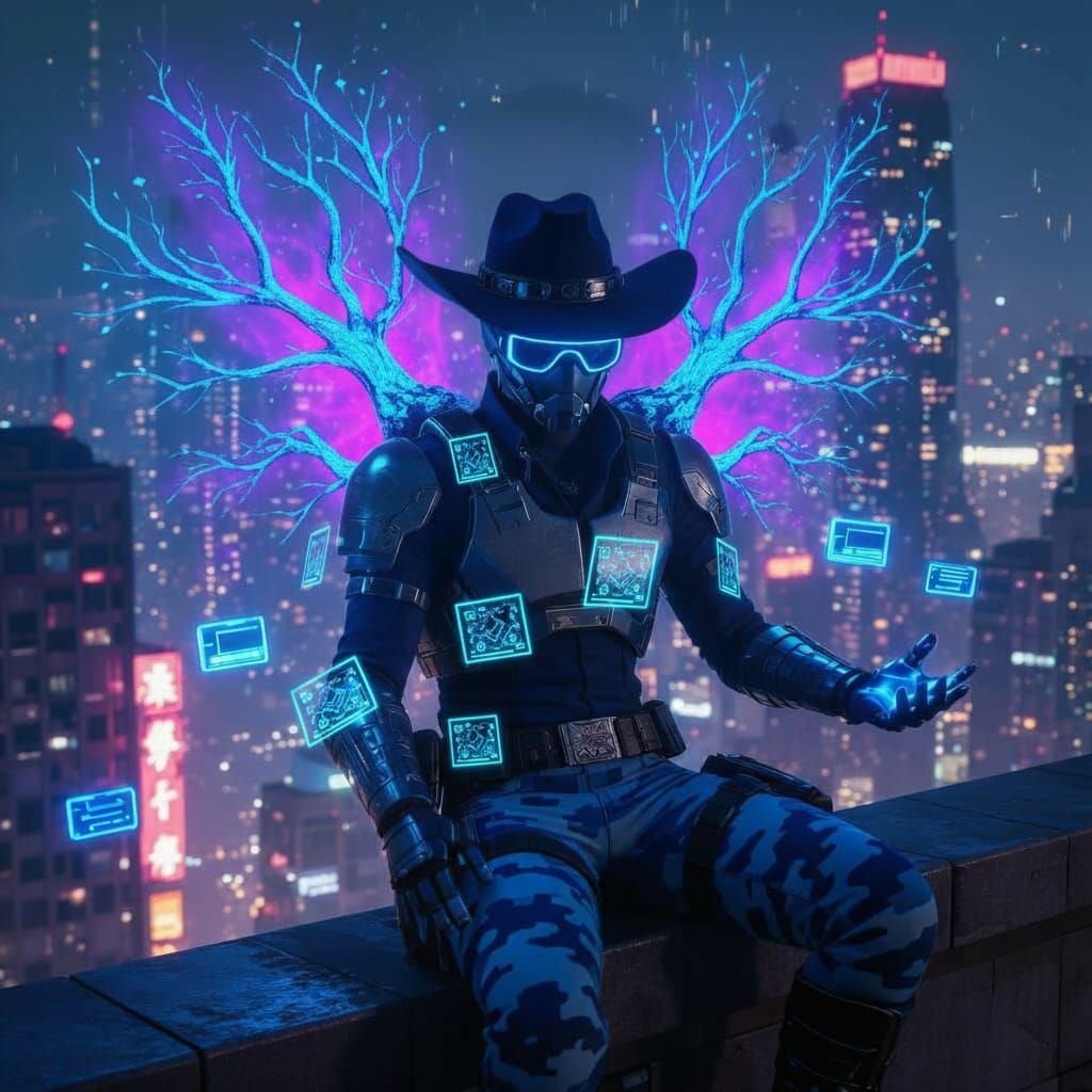 Cyberpunk Man with Purple Soul Aura in Neon City