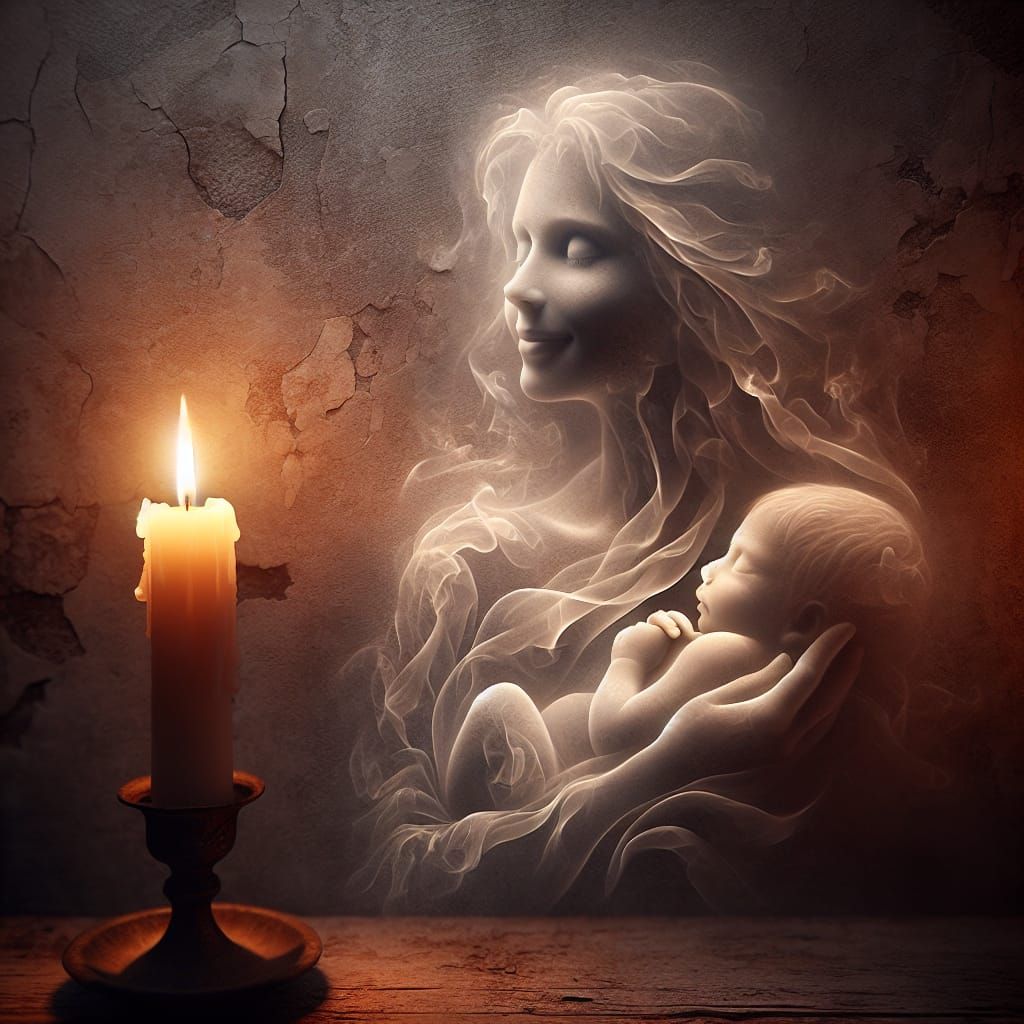 Ethereal Mother and Baby Formed from Candle Smoke