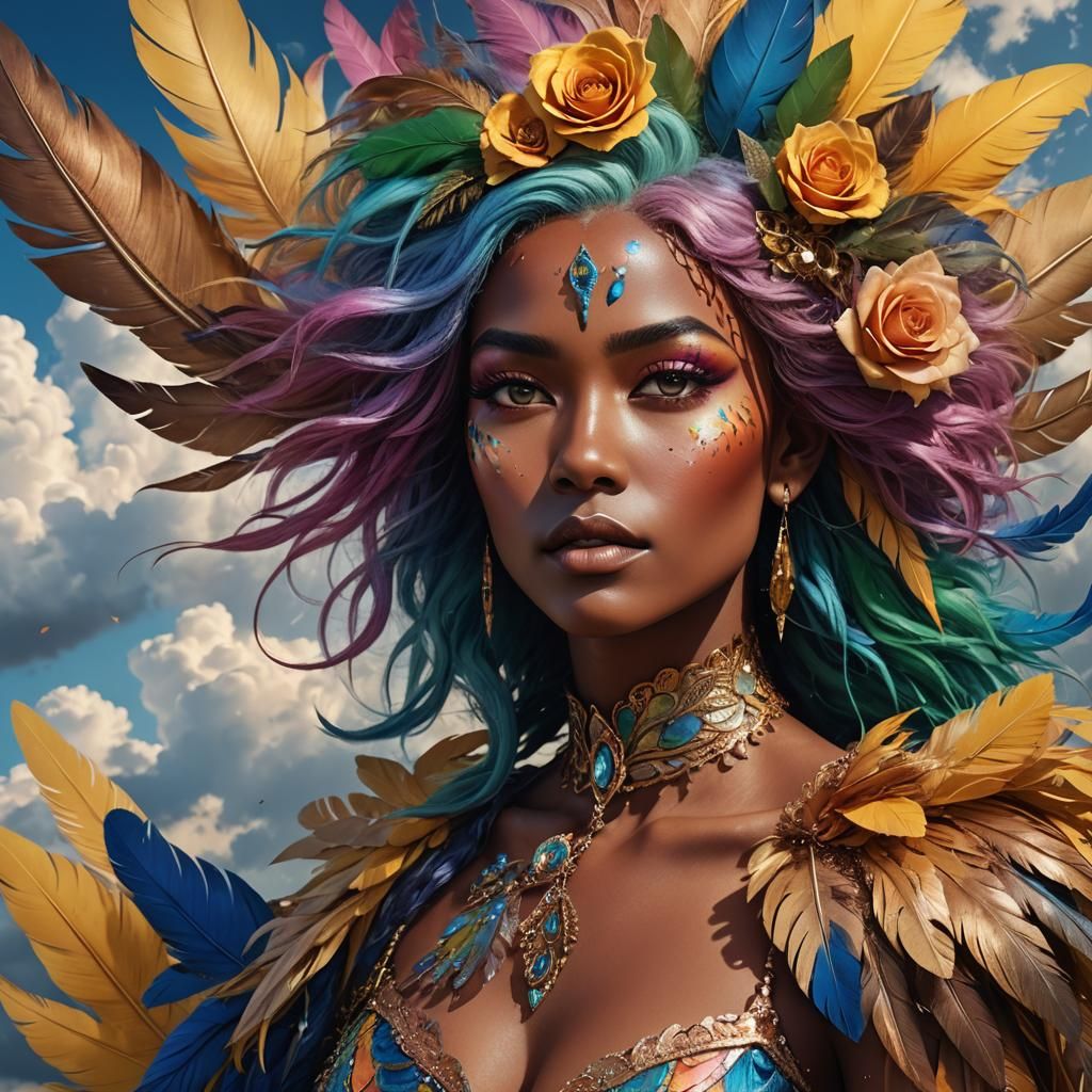 Metallic Woman with Colorful Feathers in Fantasy Art