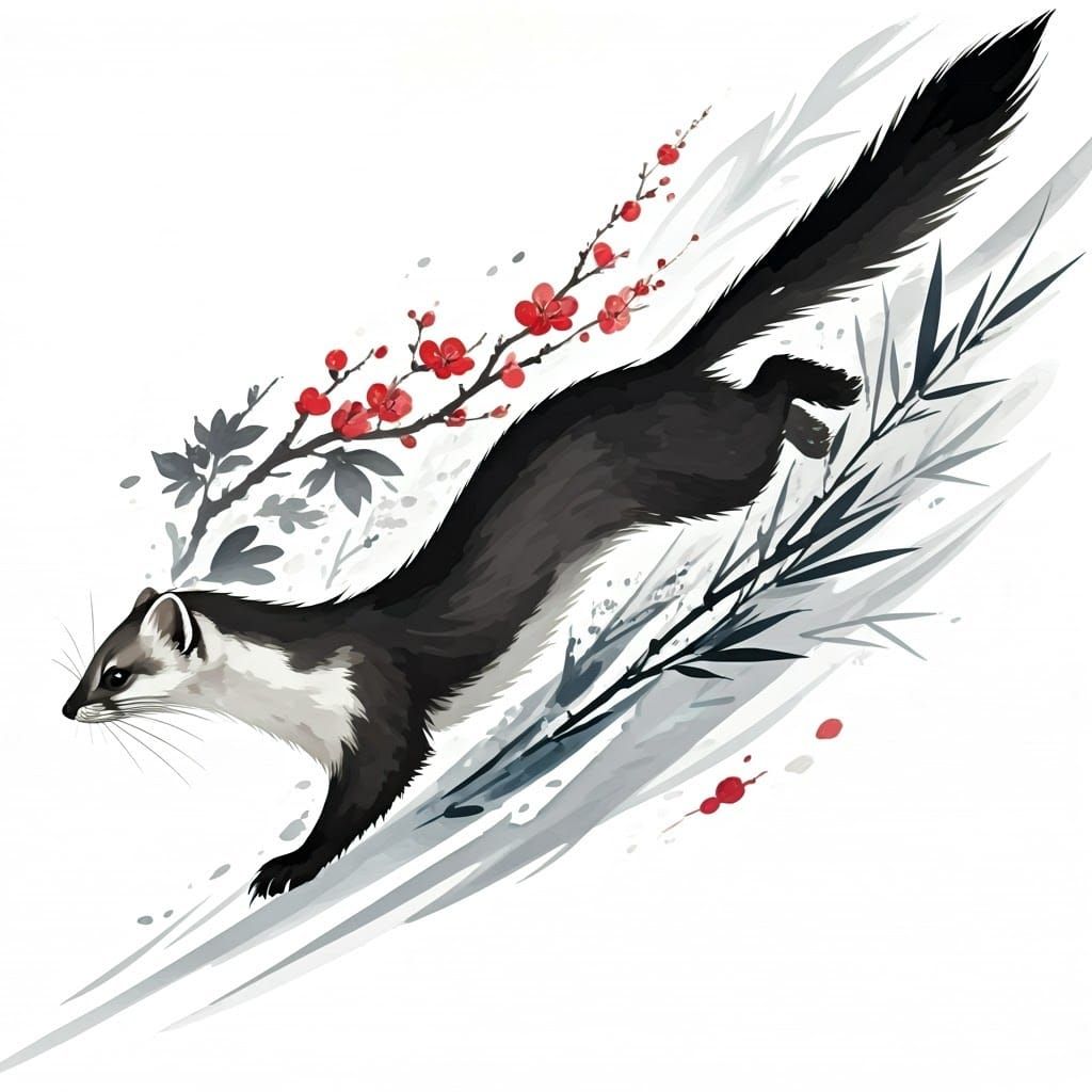 Corvidicon-Style Sumi-e Illustration of Ermine in Snowy Land...