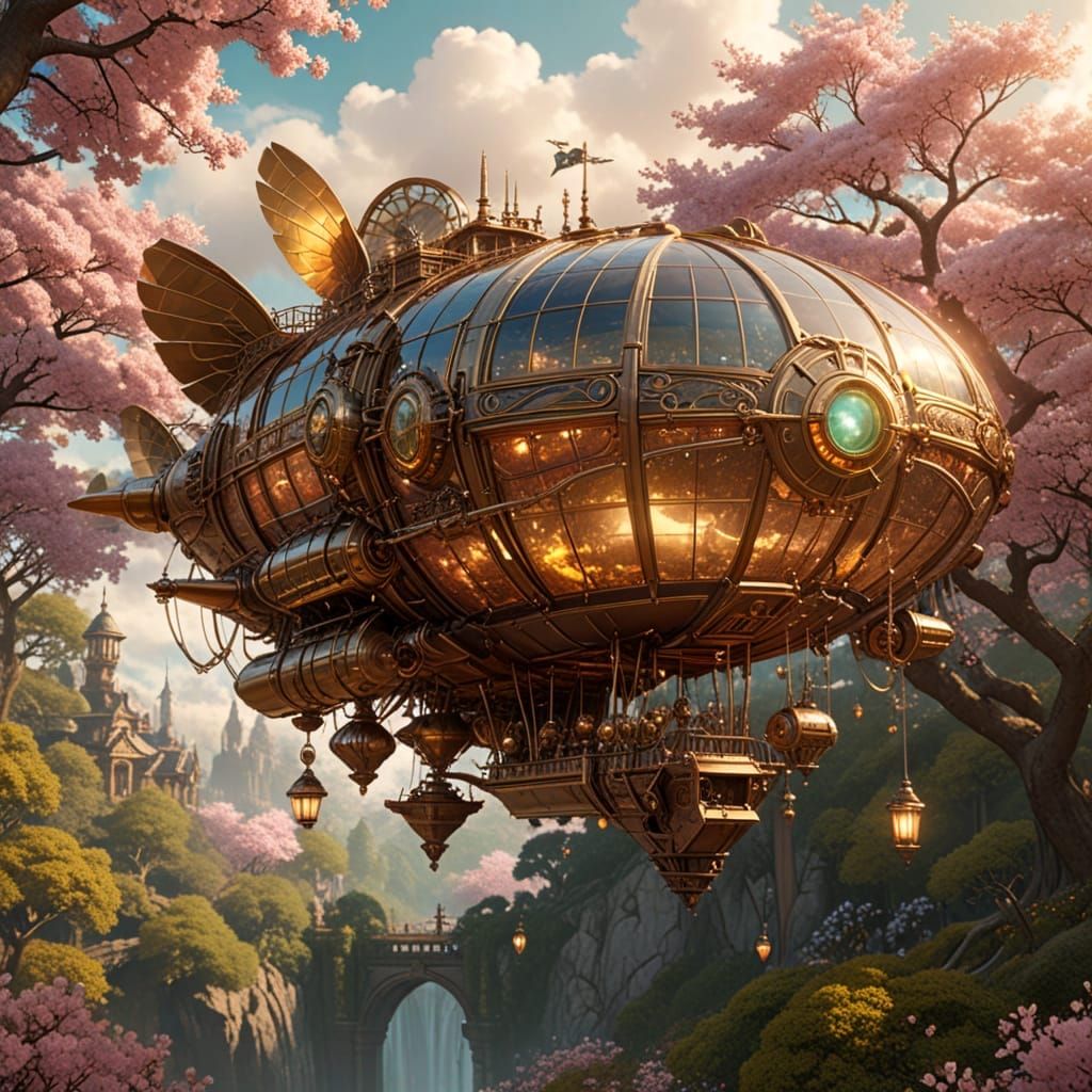 Steampunk Peacock Airship Soaring Through Cherry Blossoms