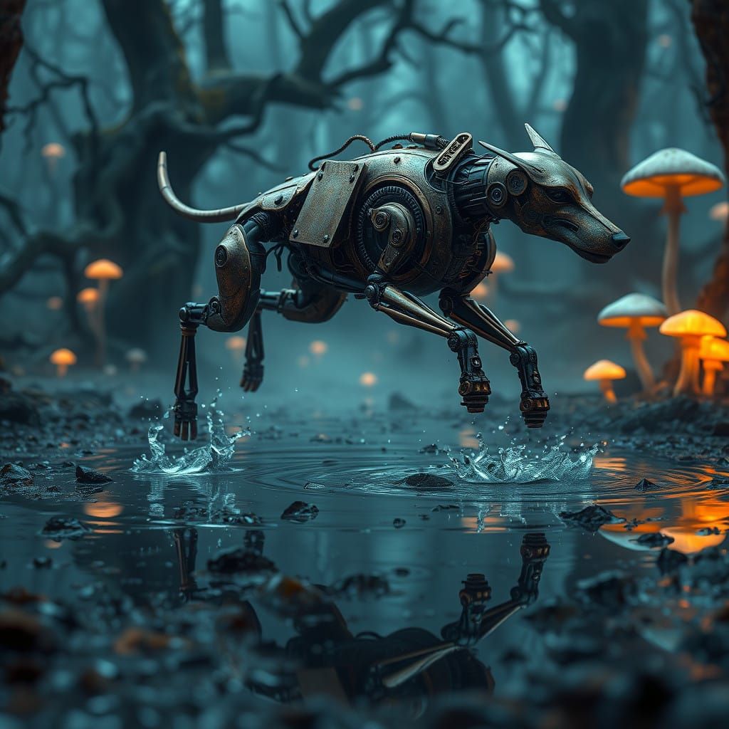 Cyberdog Leaps Through Mystic Forest Puddles in Glistening M...