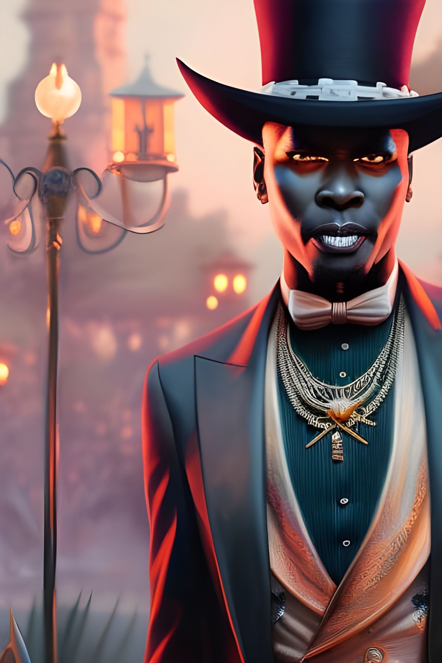 Baron Samedi portrait in the moonlight, by wlop and Mandy Jurgens, rossdraws, Loish, Intricate, color dodge overlay Eleg...