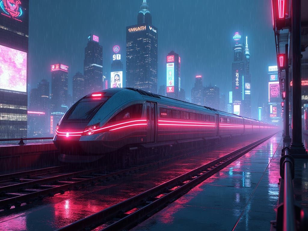 Imagine a sleek, futuristic train with glowing neon accents, speeding through a neon-lit cityscape at night. The train i...
