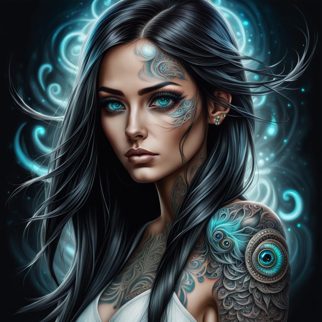 Bioluminescent Tattoo Woman Portrait in Airbrush Style
