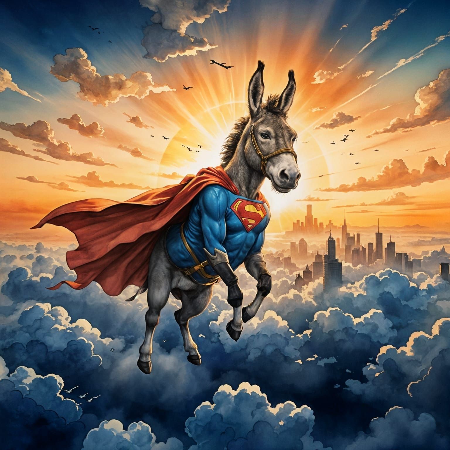 Majestic Sunset Donkey Soars with Superman Cape