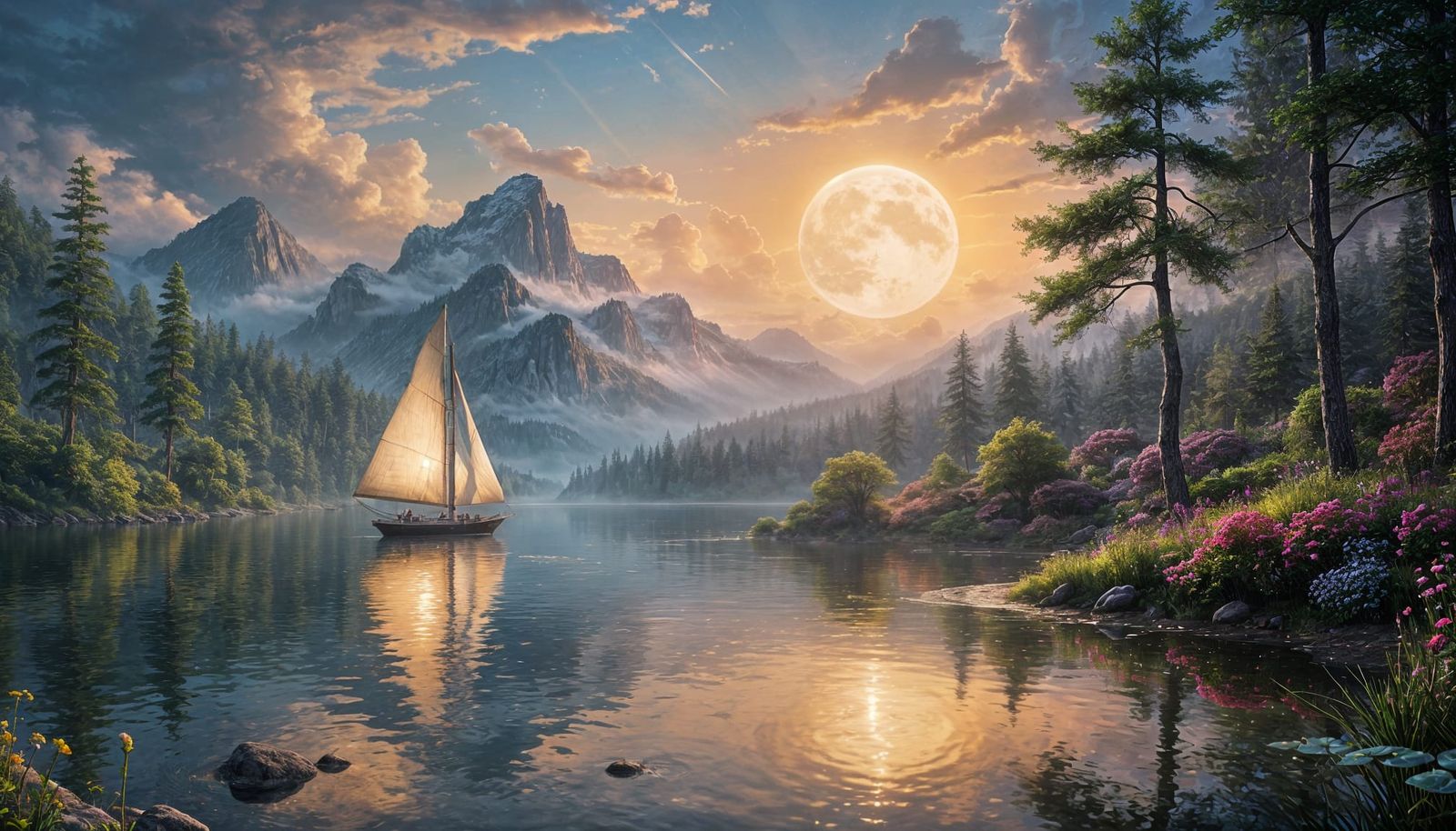 Bioluminescent Lake with Sailboat and Two Moons