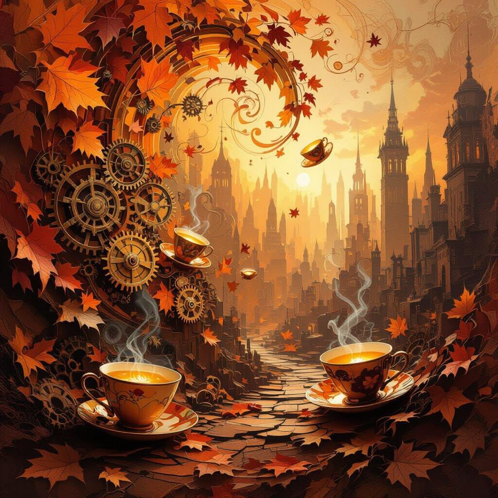 Abstract Autumn Cityscape with Floating Teacups in Impasto S...