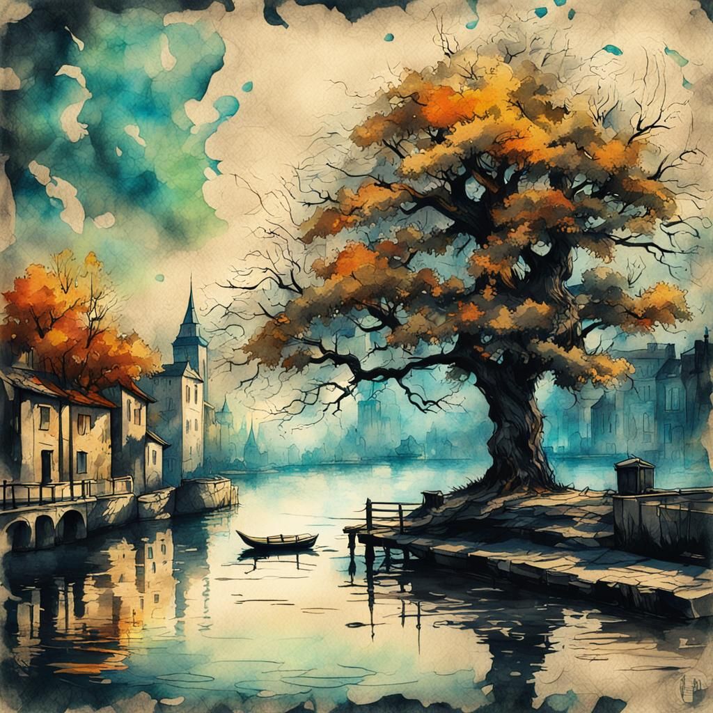 Vintage Tree by Water Ink Painting