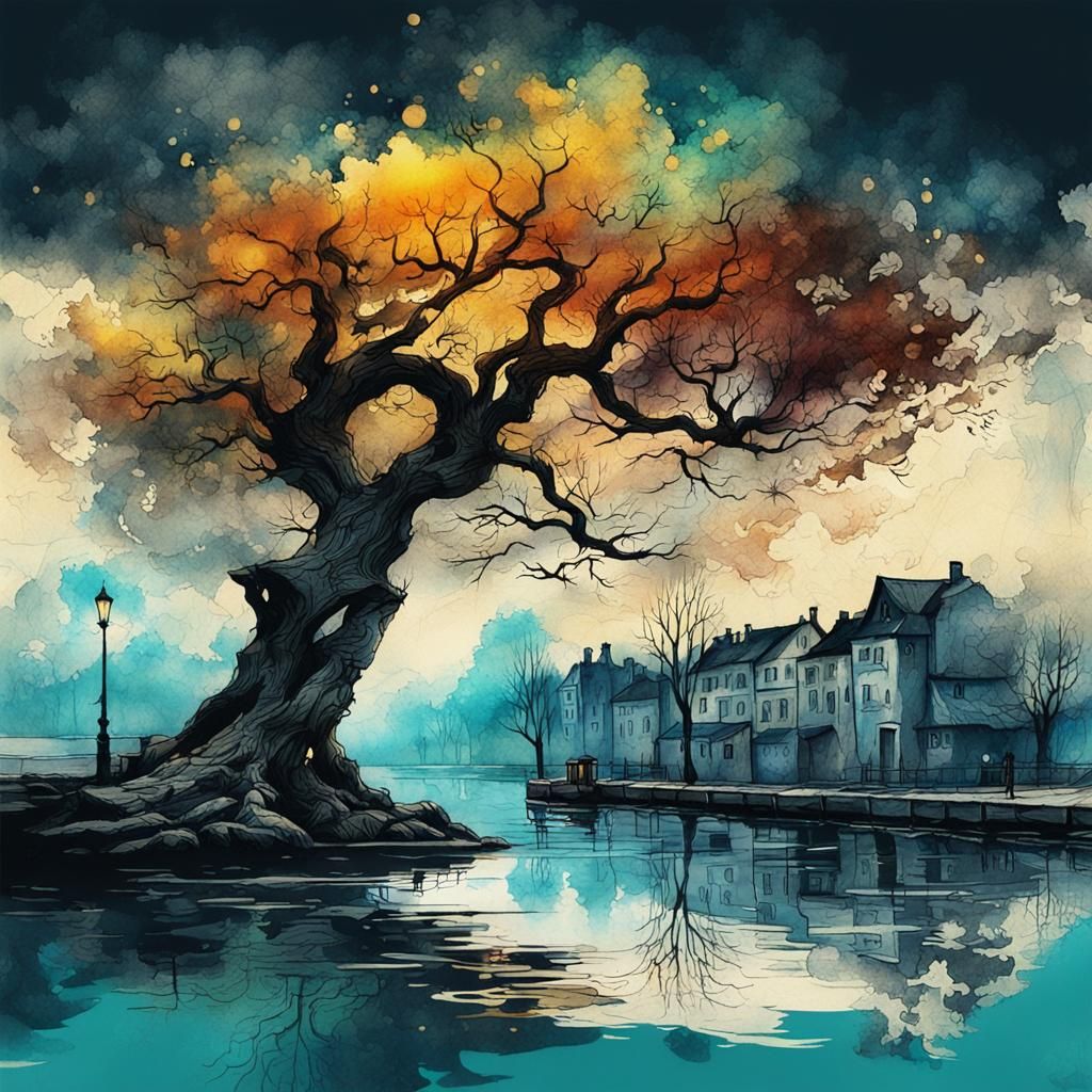 Vintage Ink Painting of Tree by Water