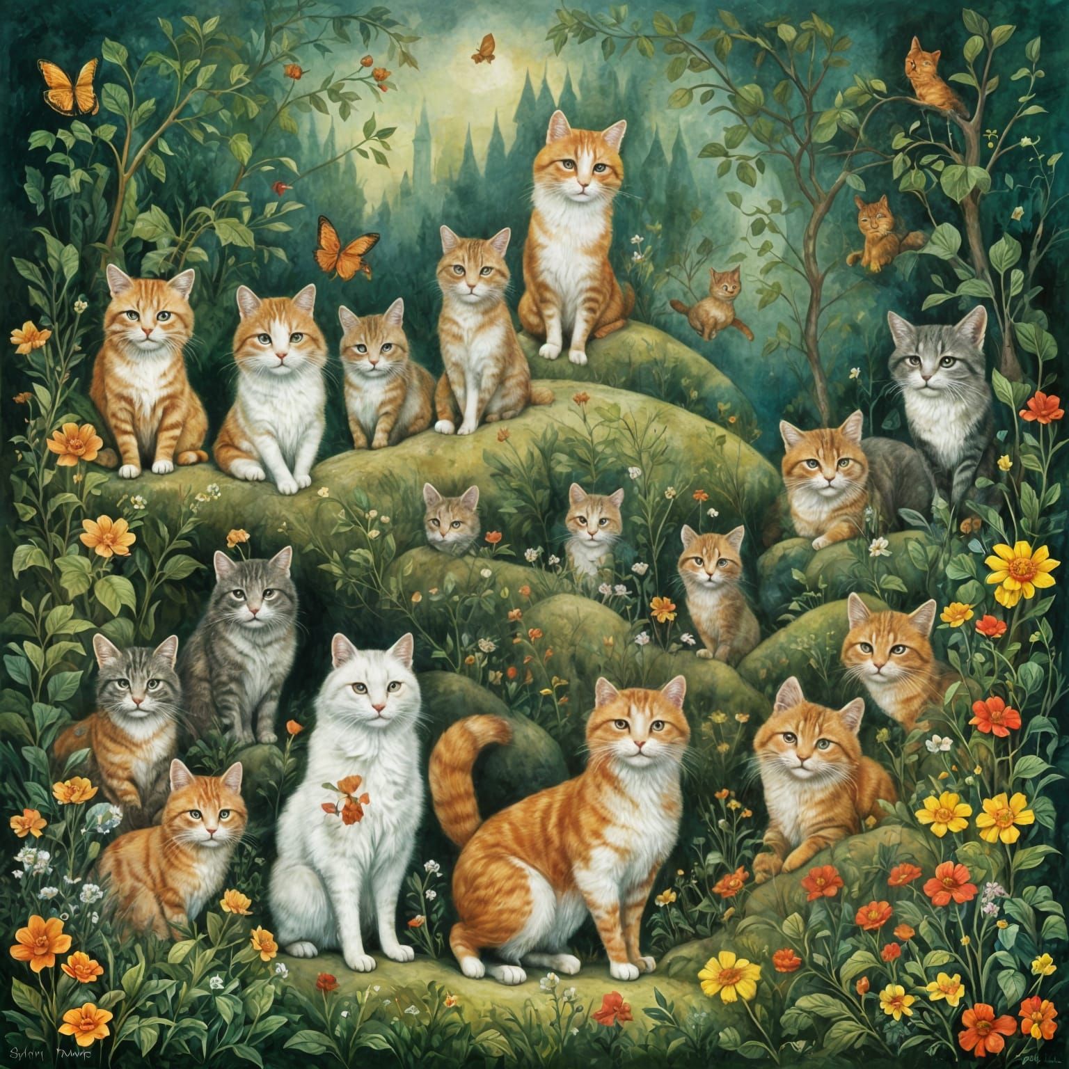Whimsical Cats and Friends in a Magical Illustration