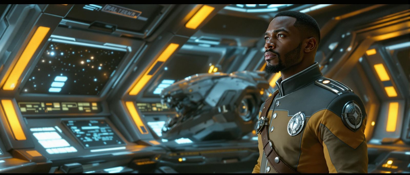 Futuristic Starship Commander Stands Confidently on Metallic...