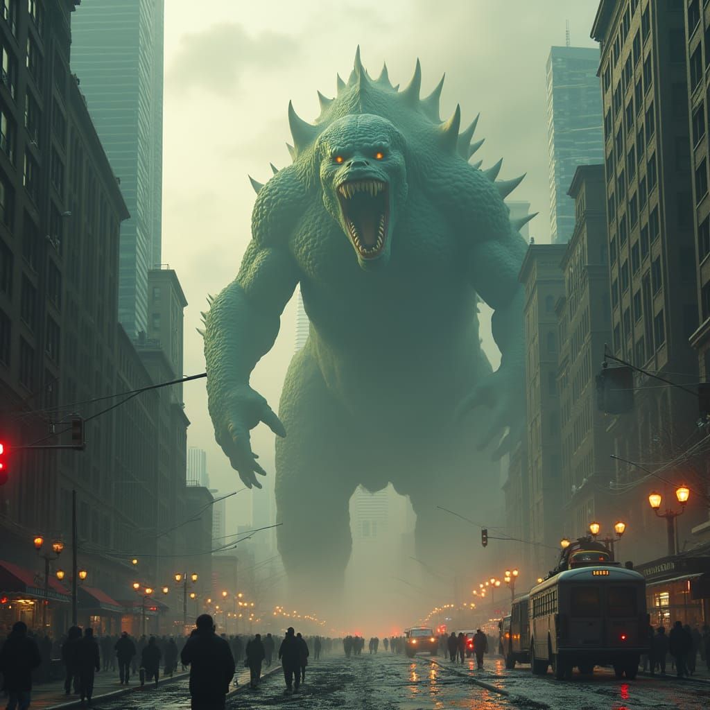 Godzilla-like Monster Attacks Twin Towers: Apocalyptic Matte...