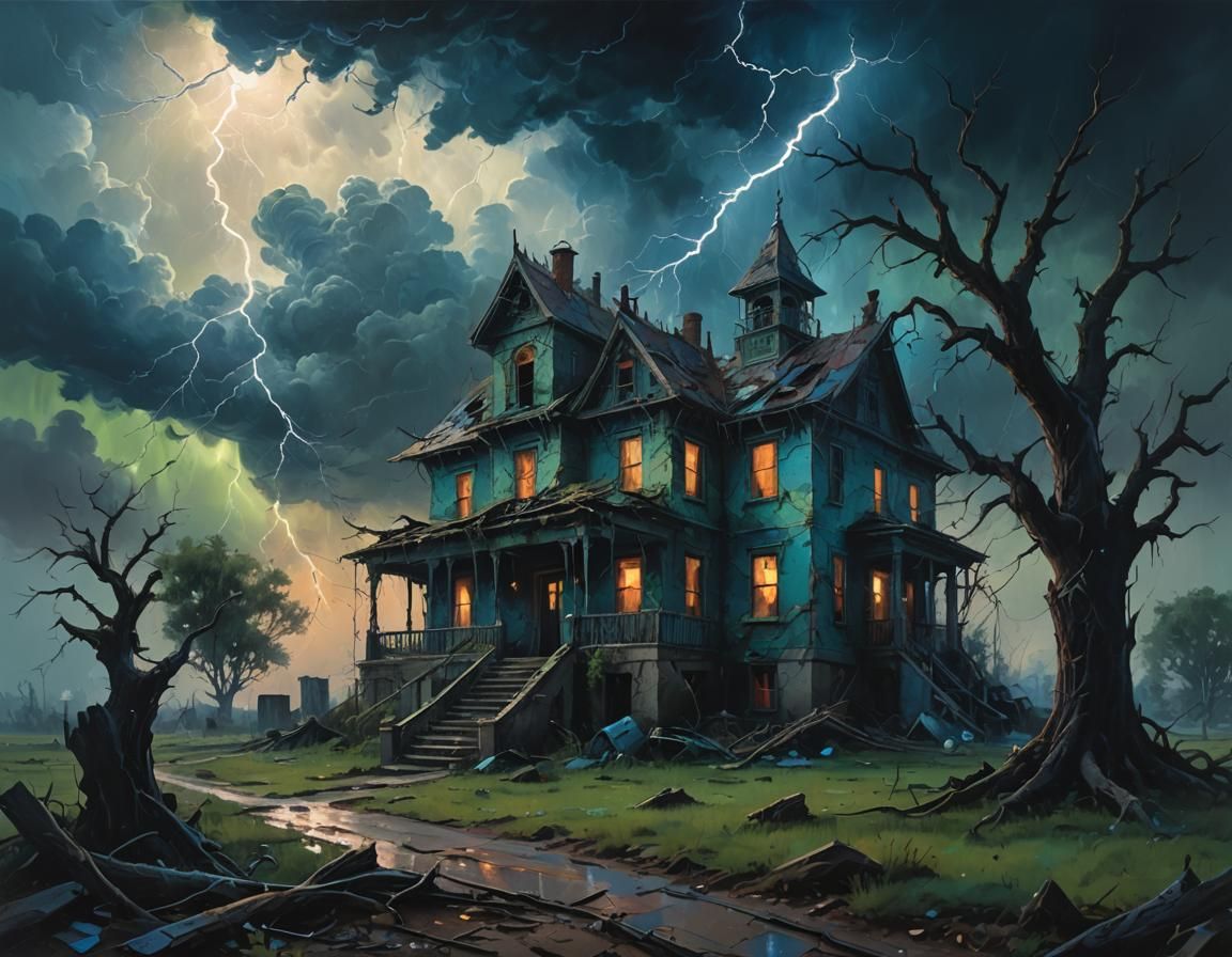 Haunted House in Graveyard Oil Painting
