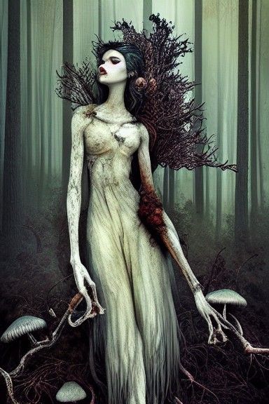 Death Goddess in Winter Forest, Detailed Matte Painting