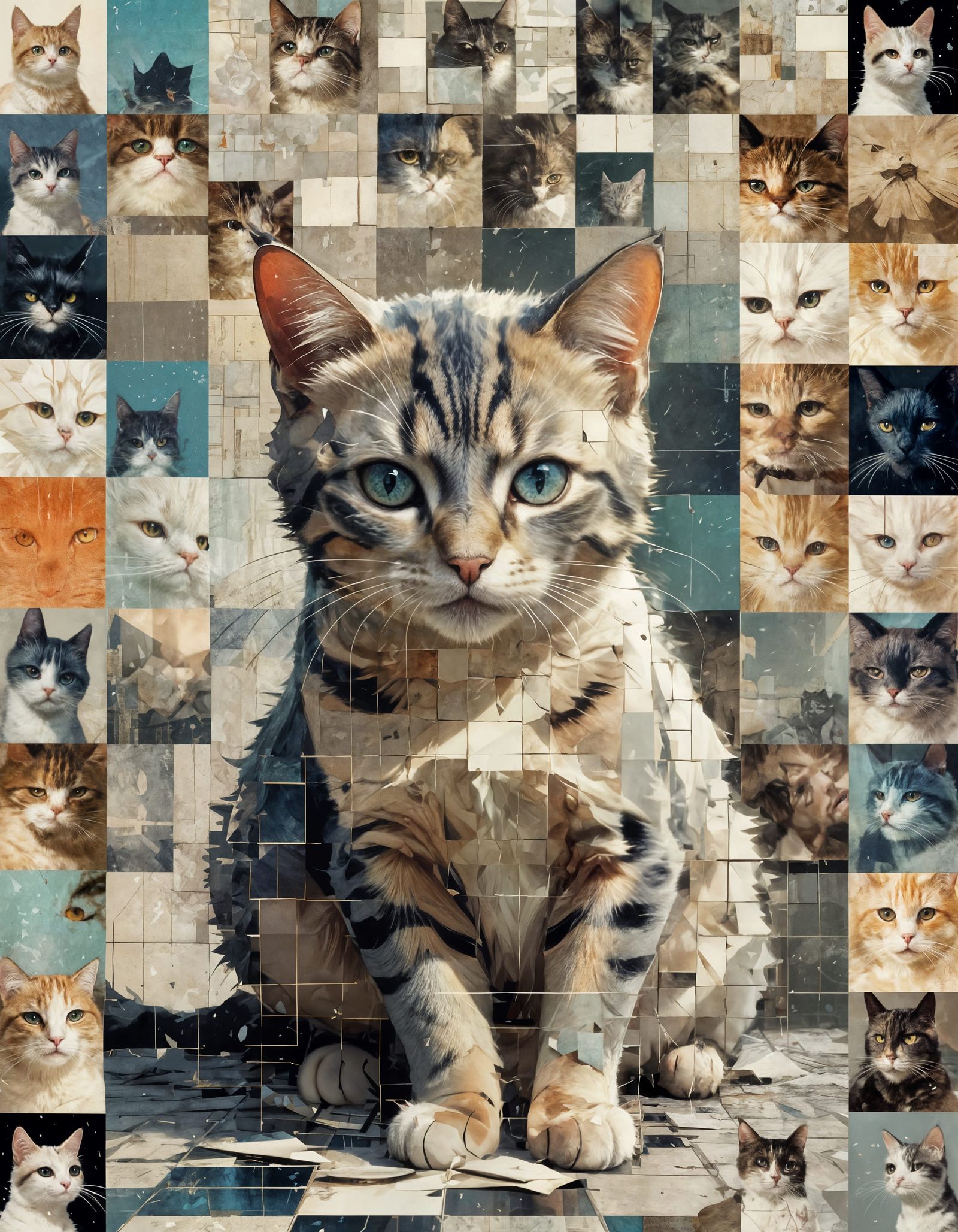 Fragmented Cat Collage in Digital Art Style