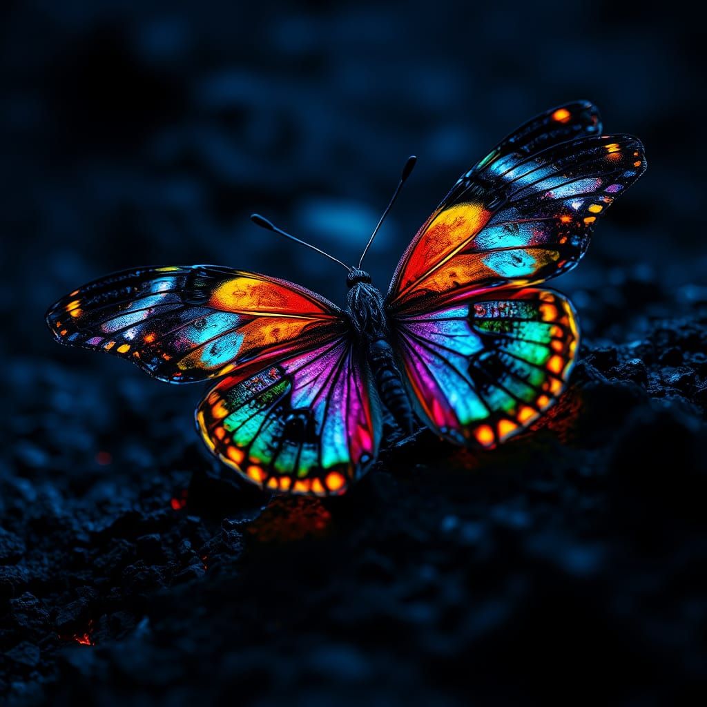 Fluorescent Butterfly on Lava Rock: Macro Photography