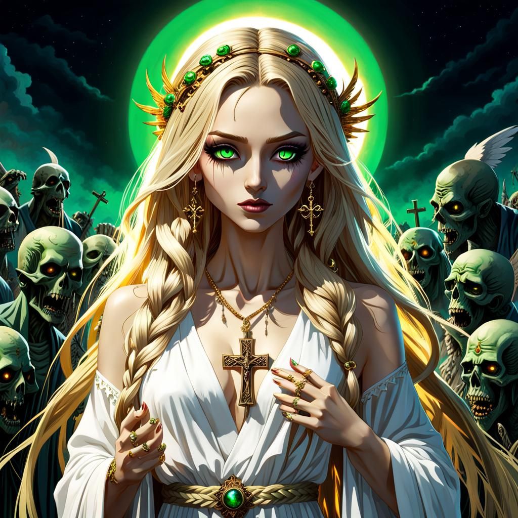 Winged Fantasy Priestess with Holy Cross in Ethereal Style