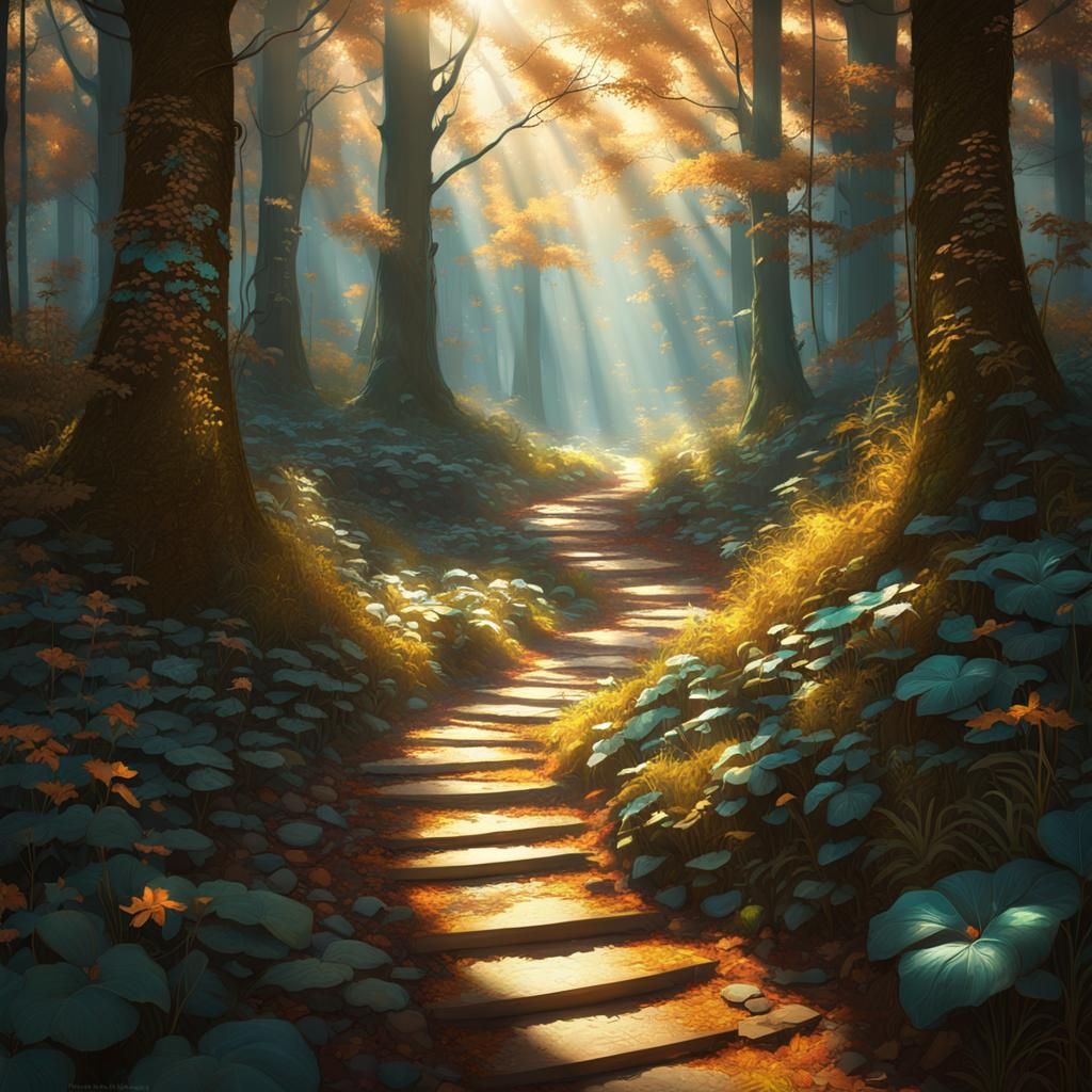 Enchanted Forest Path with Sunlight, Hyperdetailed Art