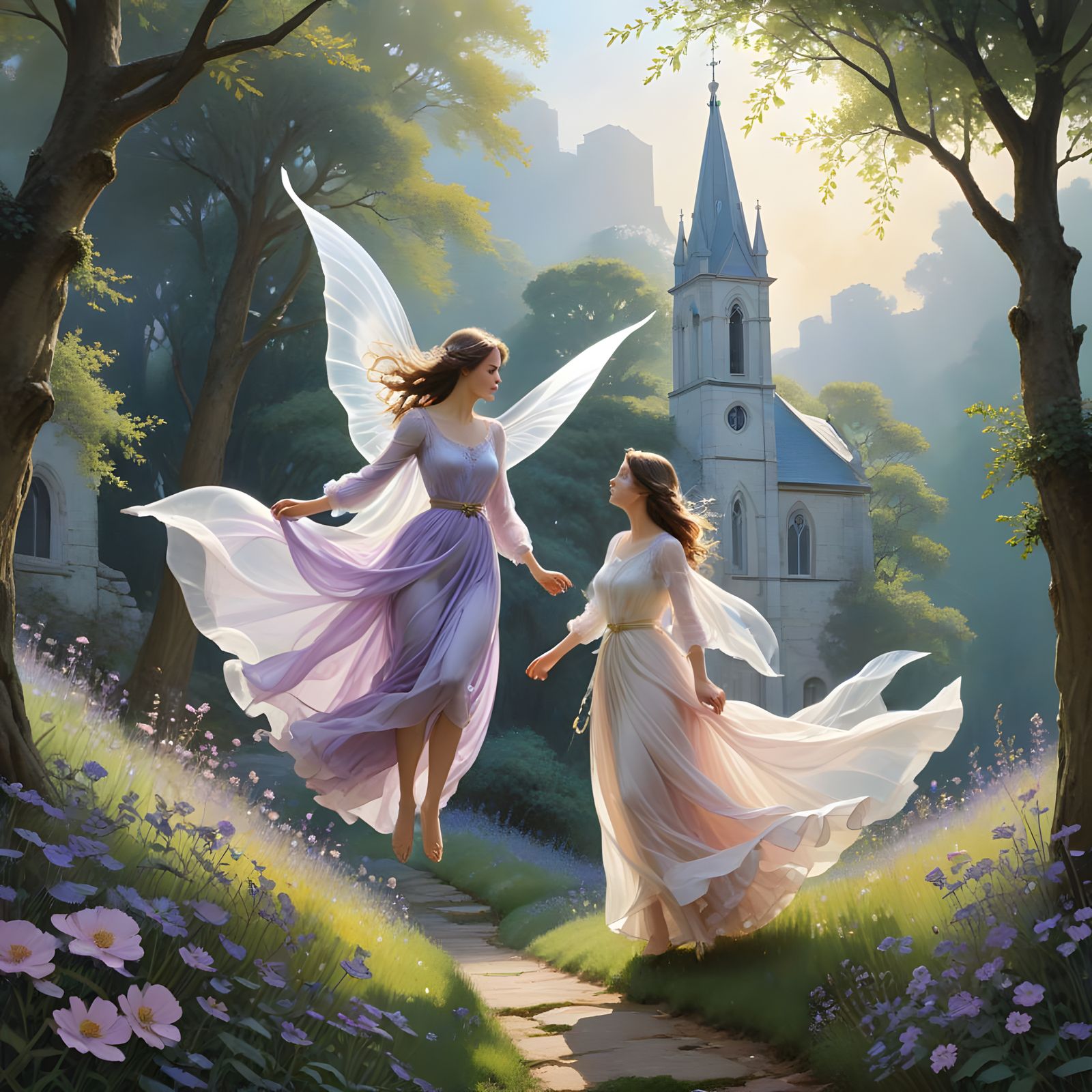 Dreamy Women in Ethereal Hang Gliders Descend Towards Ancien...