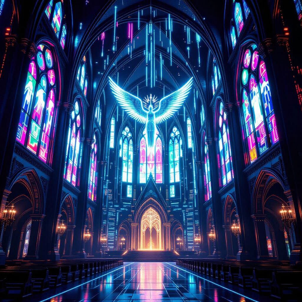 Futuristic Cathedral with Neon Code and Robotic Angels