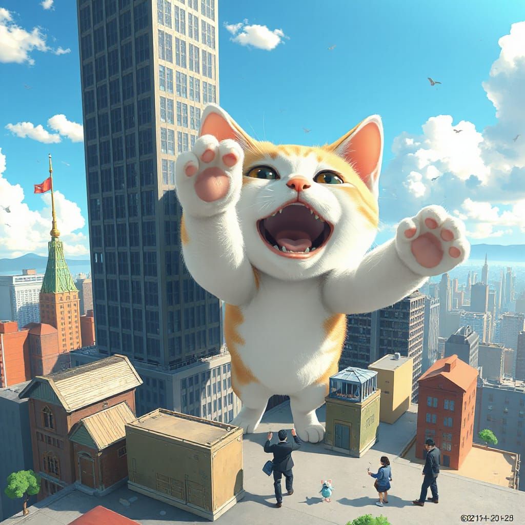 Giant Cute Kitten Plays With Toy City