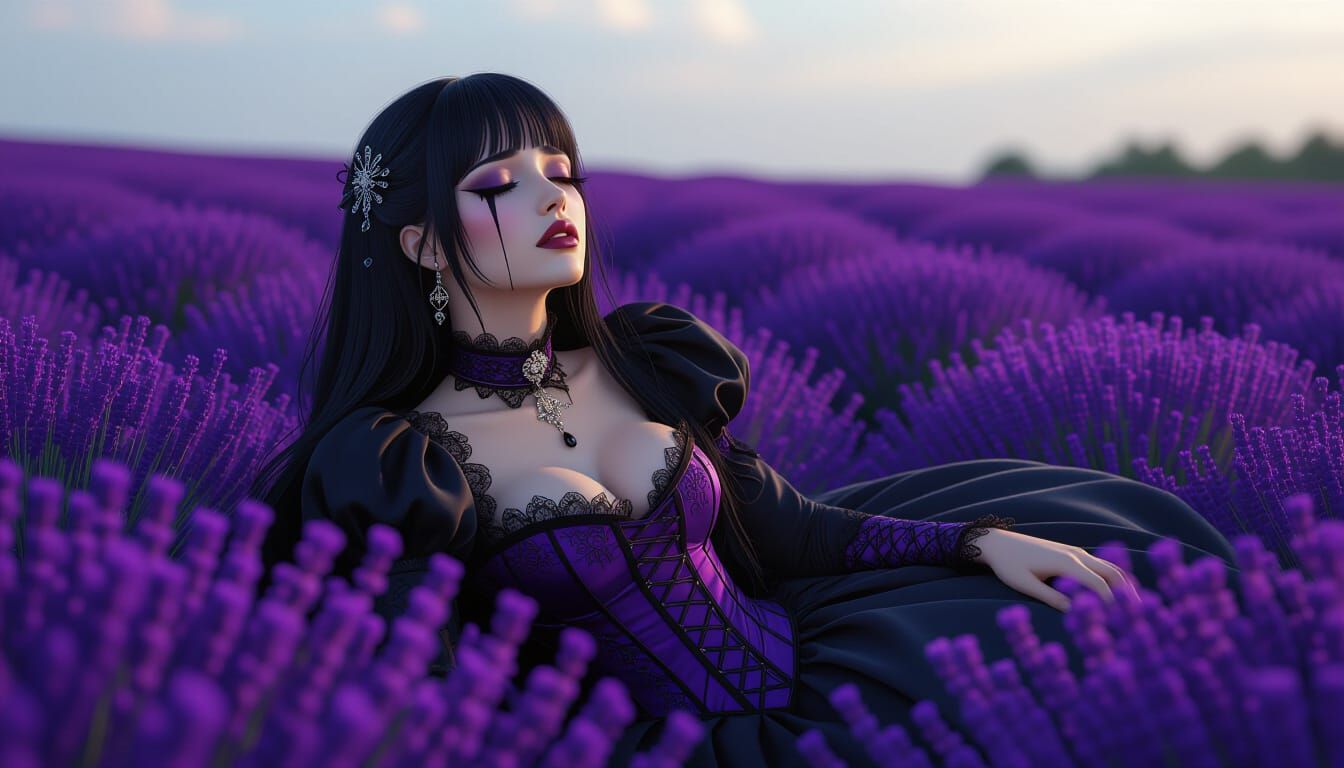 Victorian Woman Crying in Lavender Field