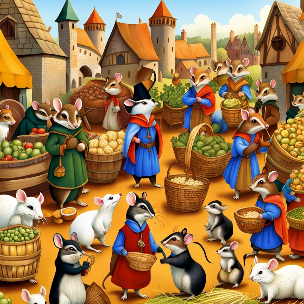 Medieval Farmer's Market with Animals in Storybook Style