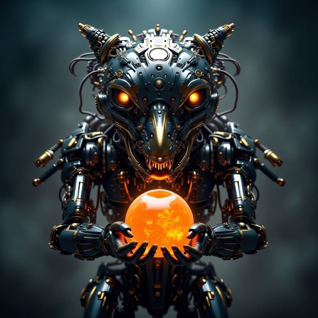 Mechanical Robot Creature Holding Glowing Orb