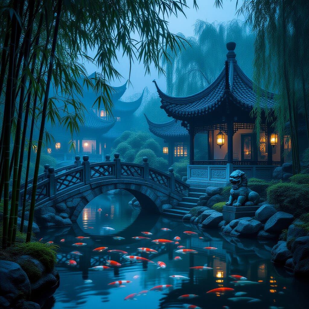 Eerie Chinese Garden at Midnight with Spectral Lanterns