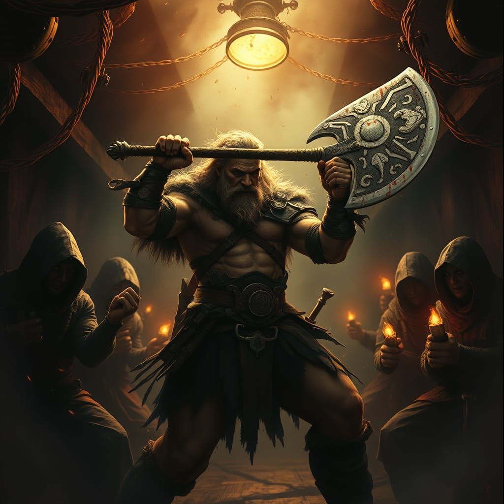 Medieval Barbarian Battles Hooded Cultists in Dark Ship's Ho...