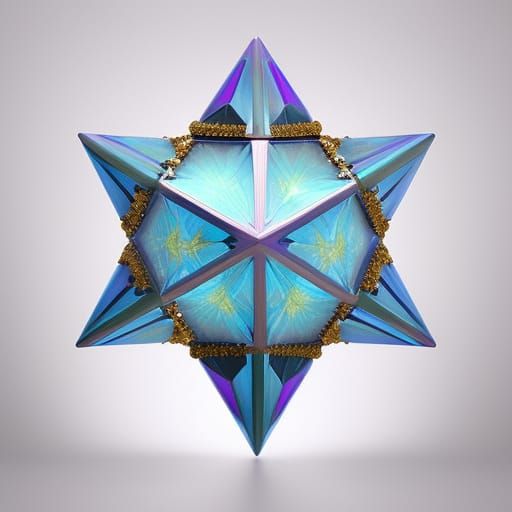 Merkaba star tetrahedron, 3d, made of gold  and stained glas...