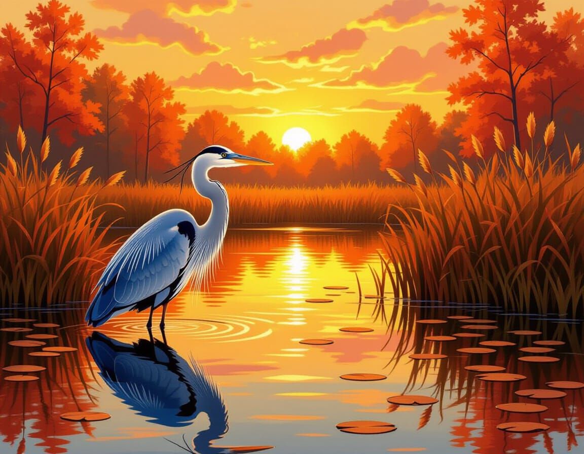 Heron at Sunset Pond in Impressionist Style