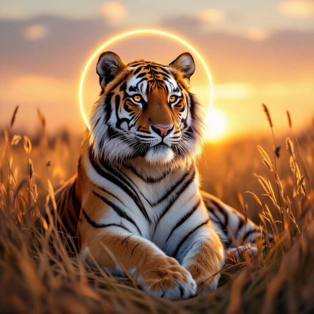 Majestic Tiger in Golden Sunlight, Hyperrealistic Style
