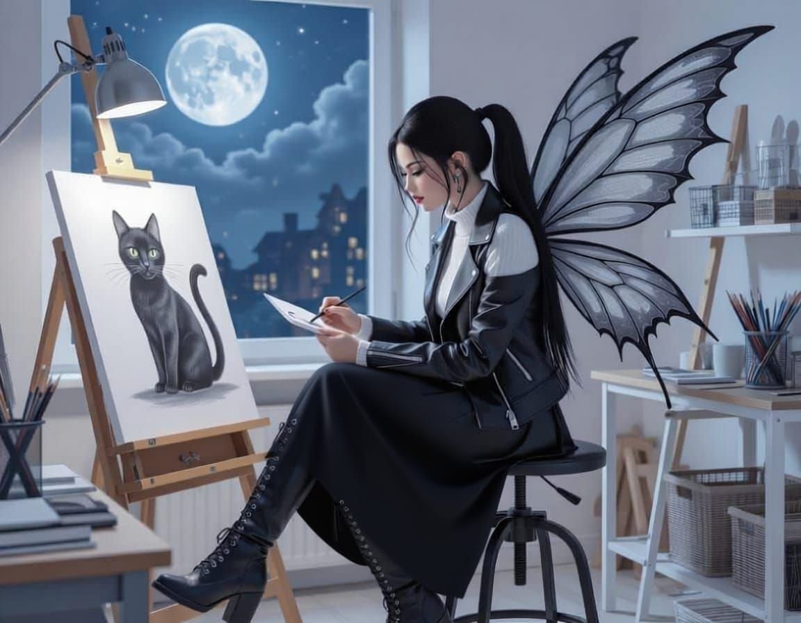 Dark fairy and her black cat