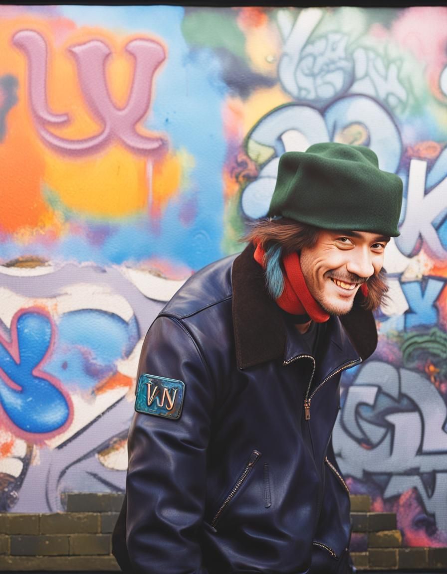 Smiling Man with Blue Skin and Graffiti Background