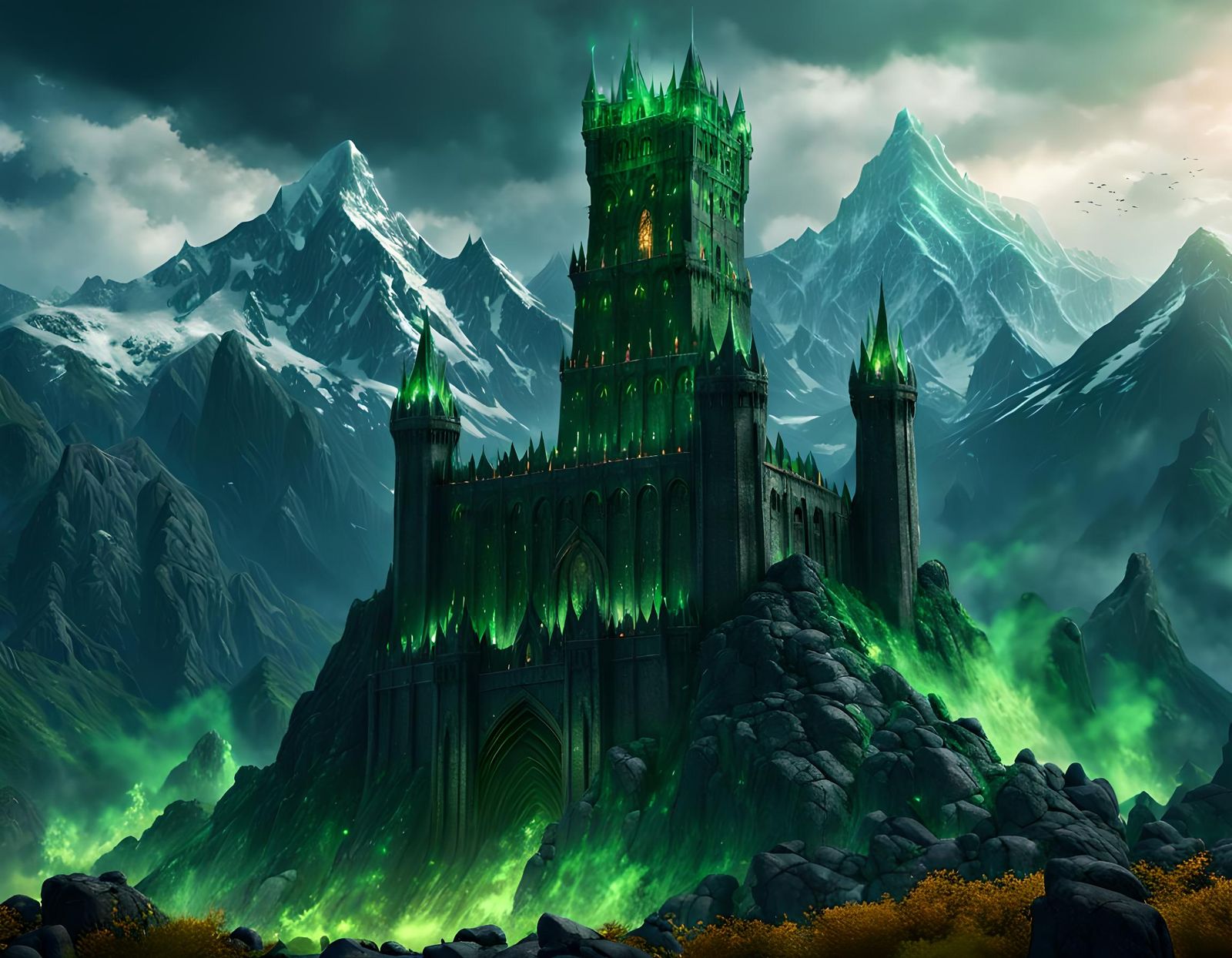 Dark Fantasy Tower Ablaze in Green Flames