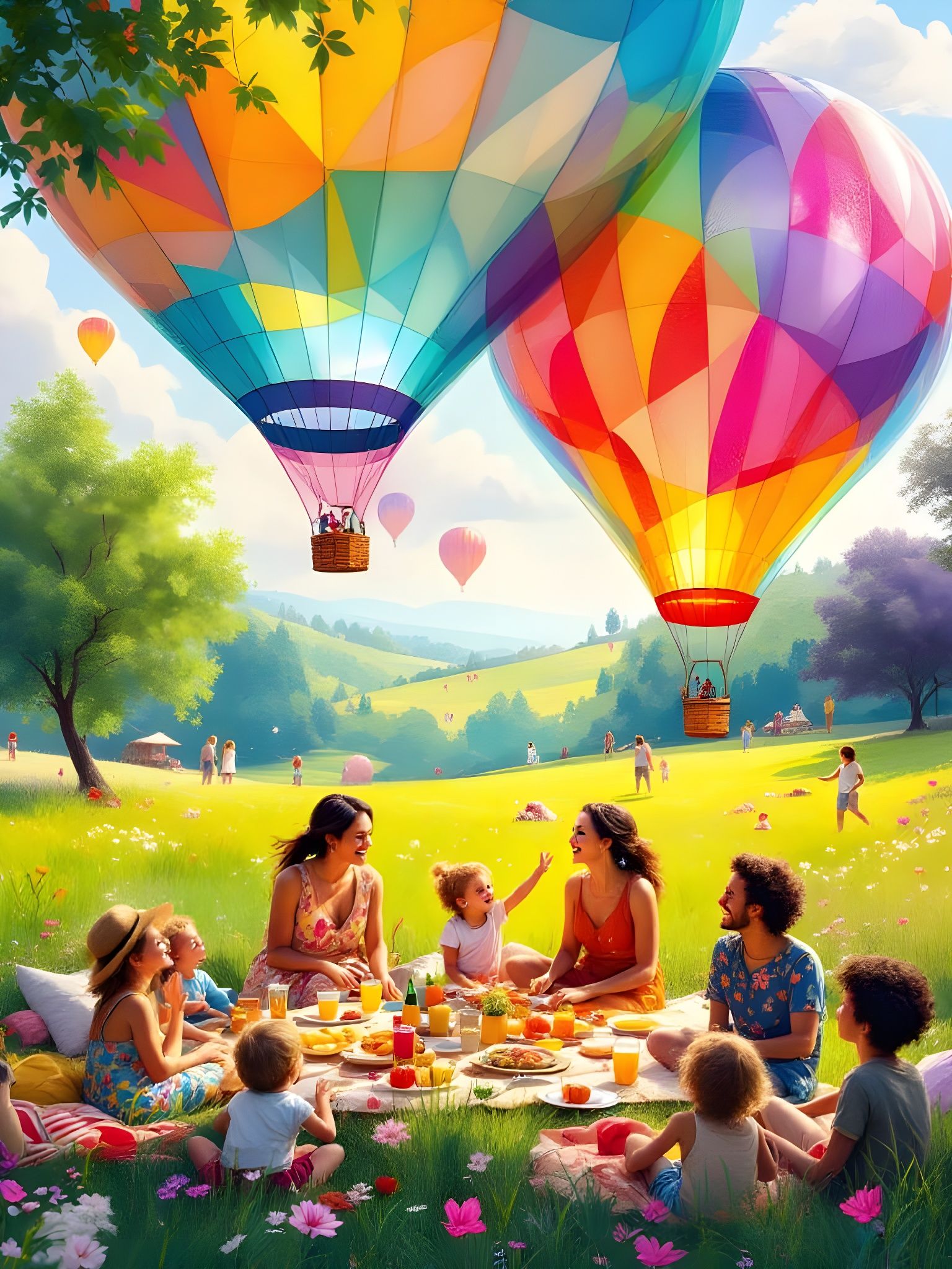 Vibrant Summer Meadow with Rainbow Hot Air Balloons
