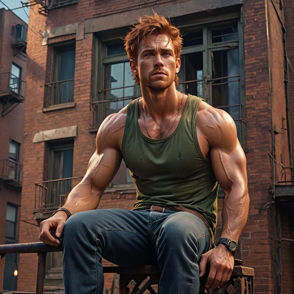 Athletic Man on Fire Escape in Fantasy Concept Art