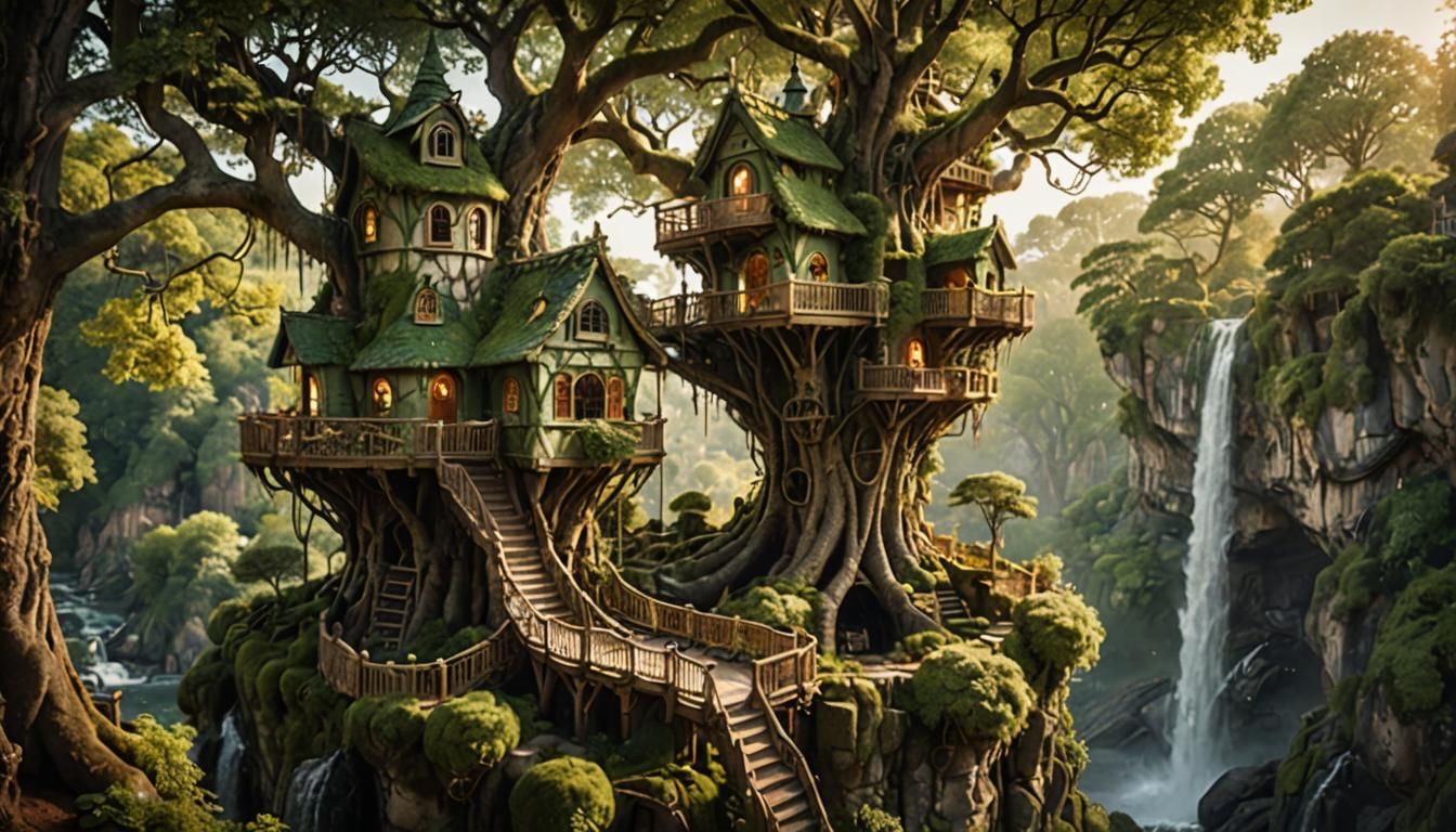 High Fantasy Treehouse by a Waterfall