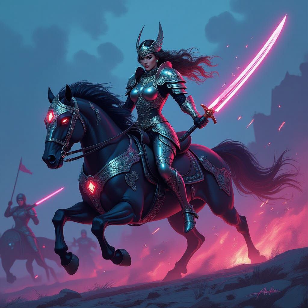 Valkyrie Warrior Charges Through Neon Battlefield as Digital...