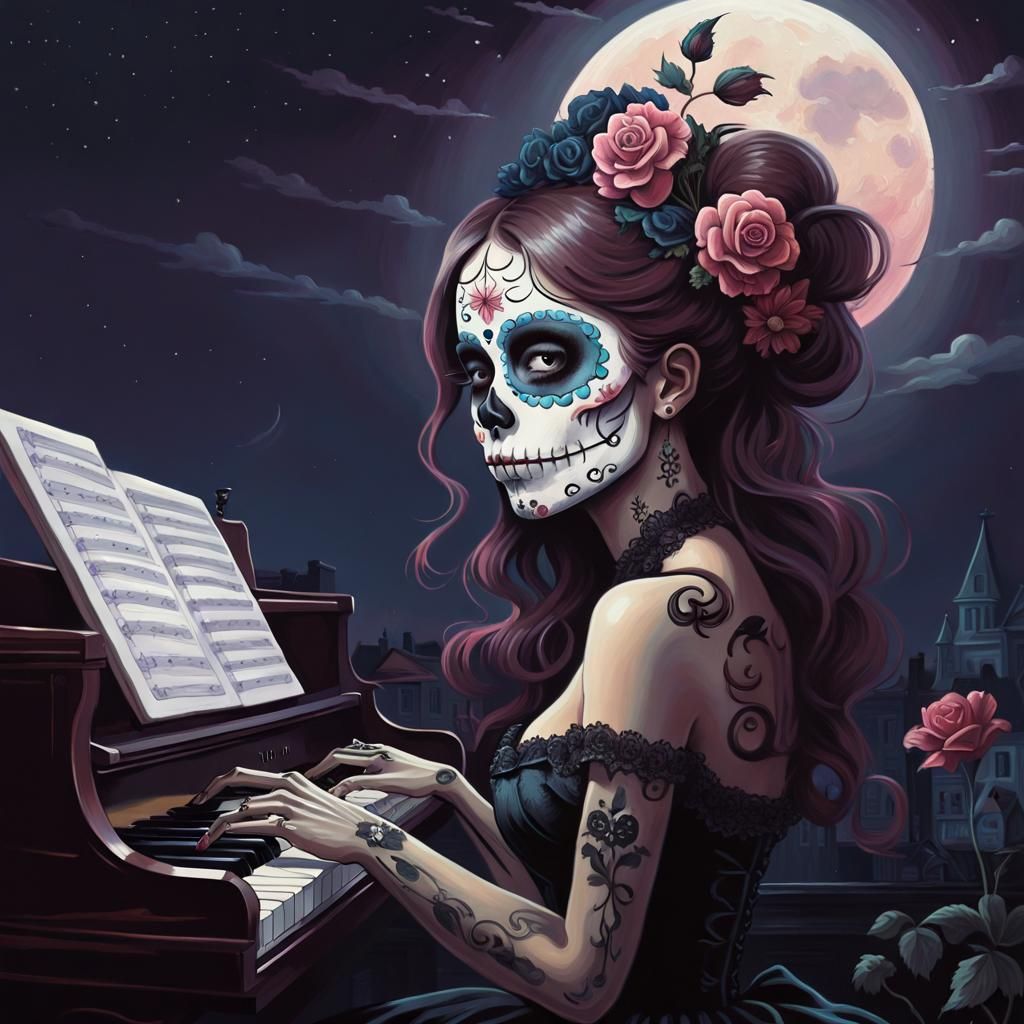 Victorian Sugar Skull Woman Playing Piano