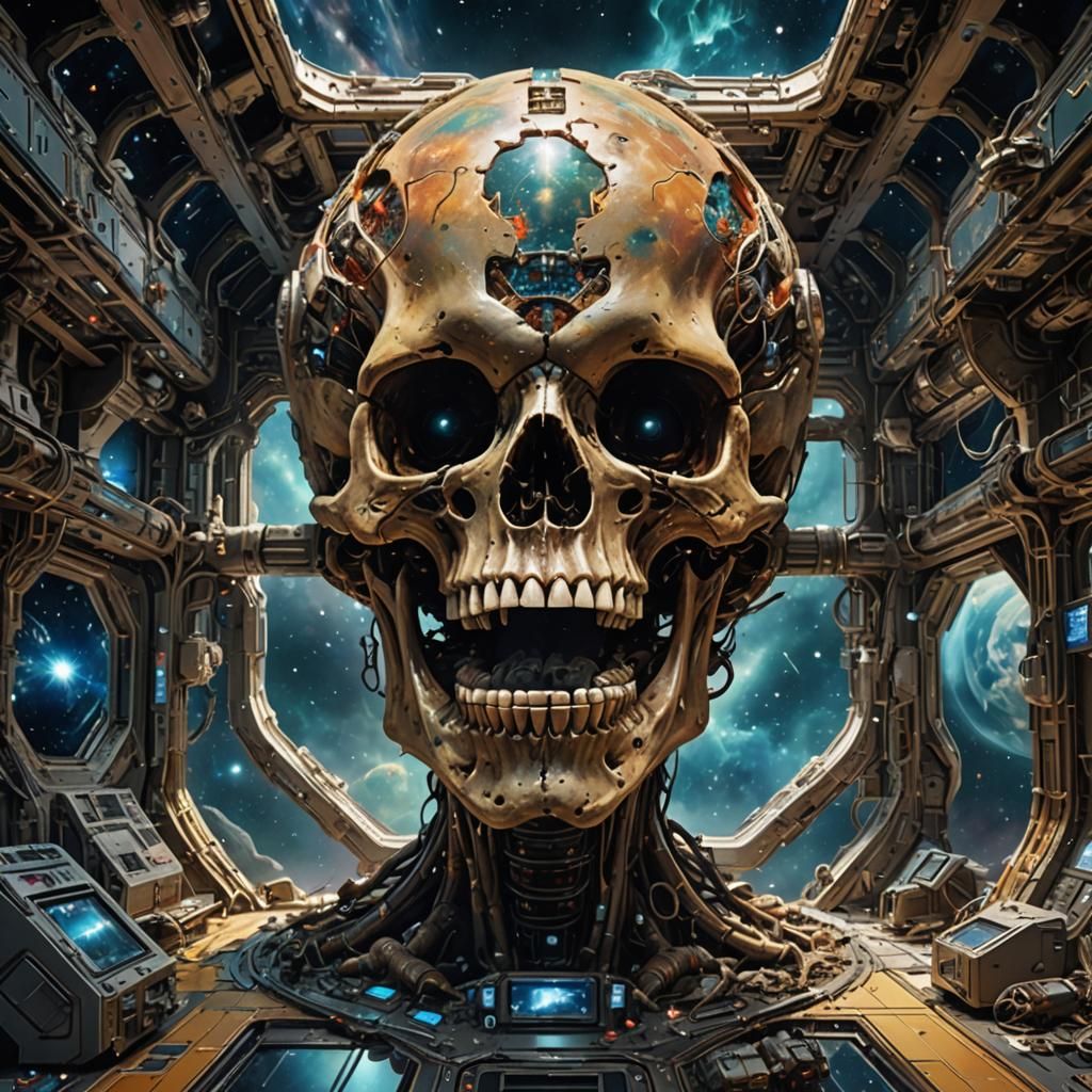 Cosmic Space Station Around Alien Skull: Digital Art