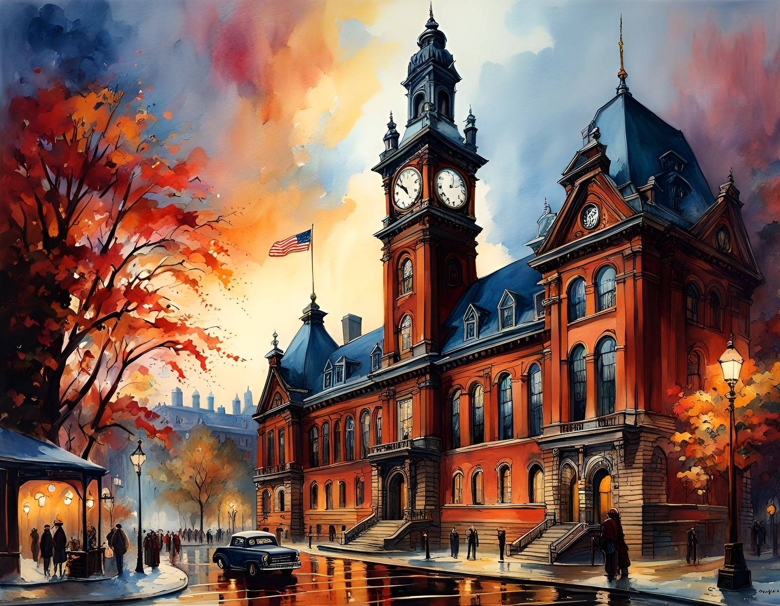 City Hall Clock Tower in Watercolor Style
