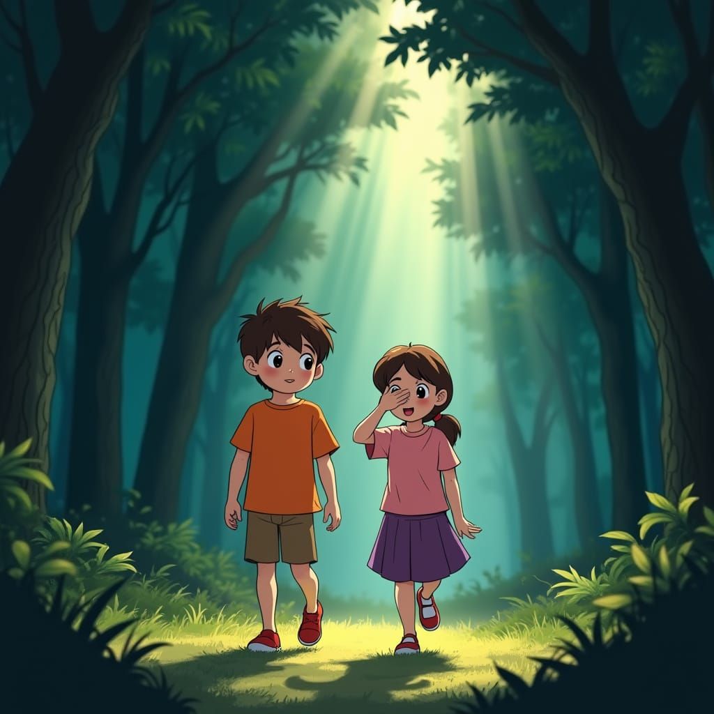 Children Encounter Light in Forest, Animated Style