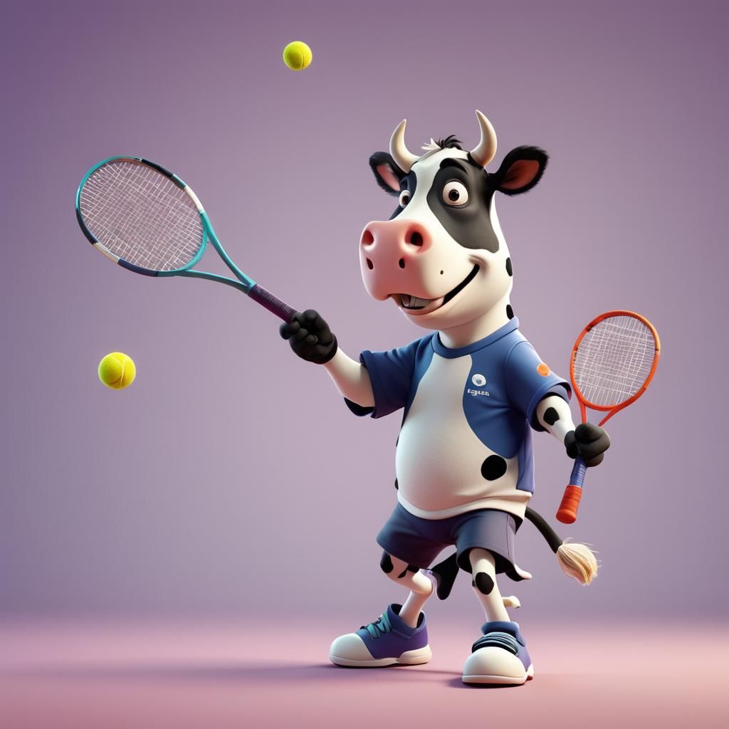 Cow Plays Tennis: 3D Digital Art