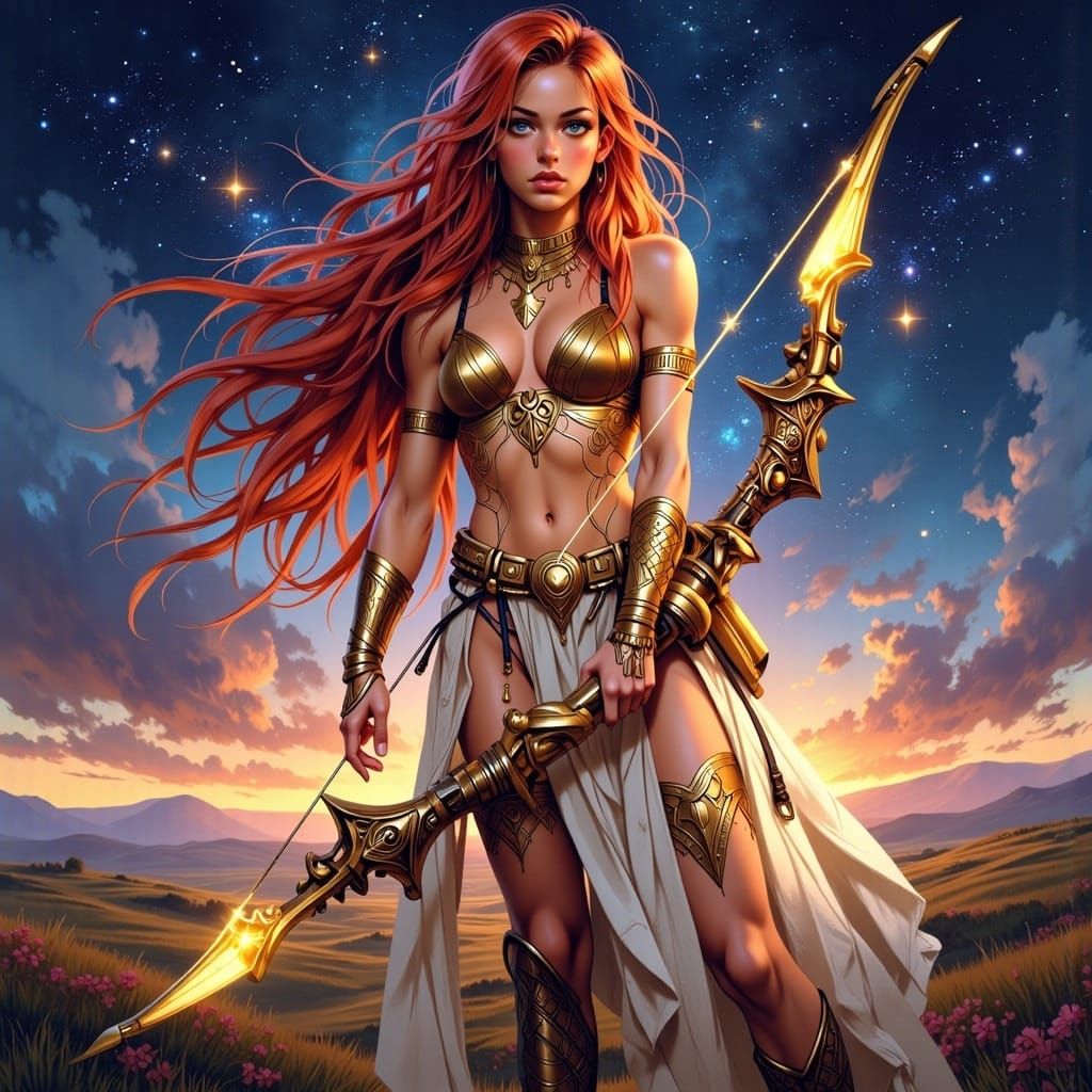 Anime Archer in Golden Armor Under Starry Sky