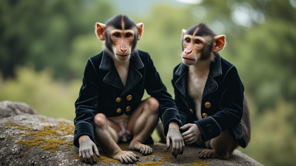 Two Gentle Monkeys Relax on a Weathered Rock in Ethereal Lig...